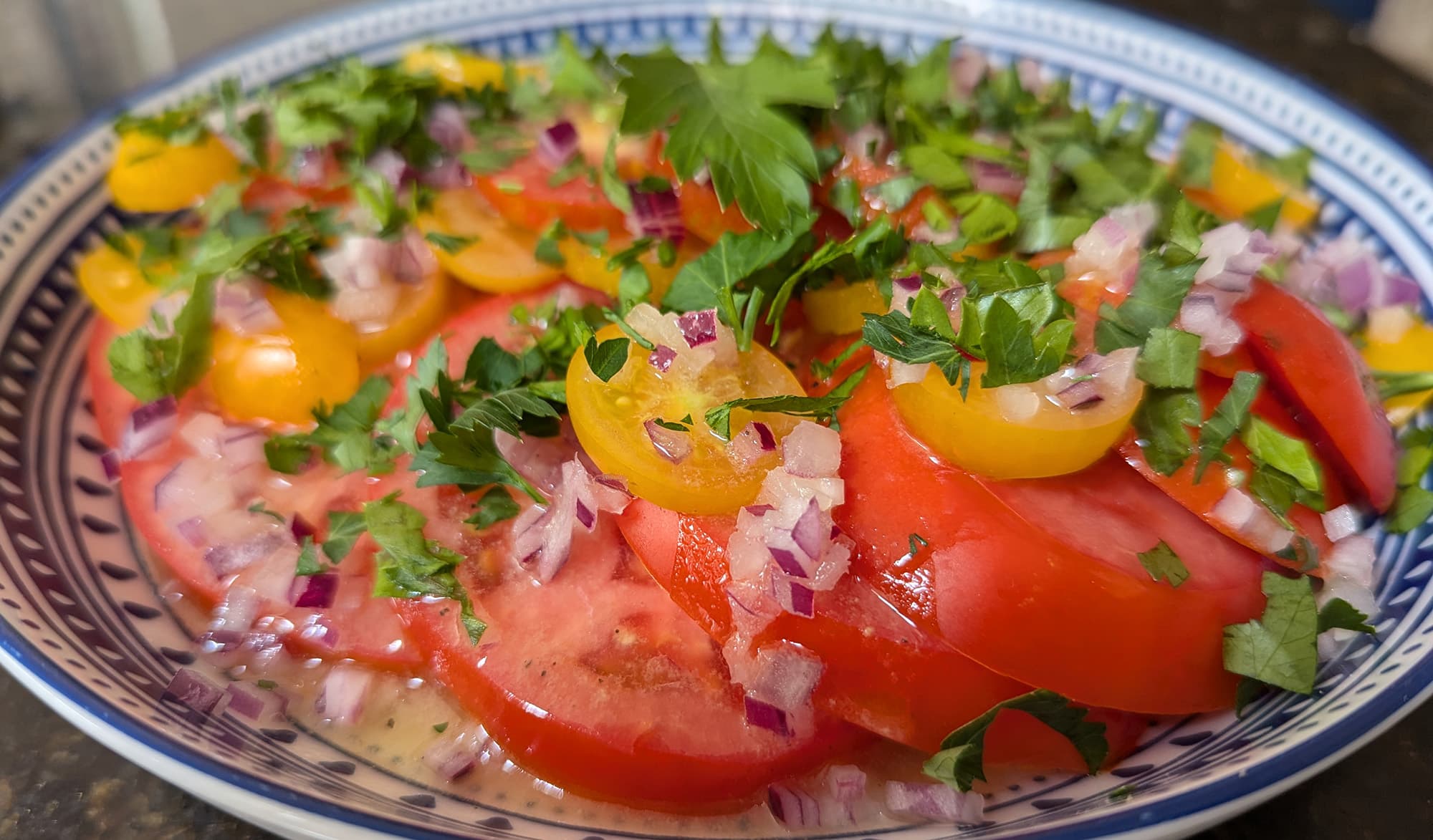 A vibrant tomato salad with red onion and fresh herbs — the kind of bold, textural dish at the heart of The Tasteless Kitchen
