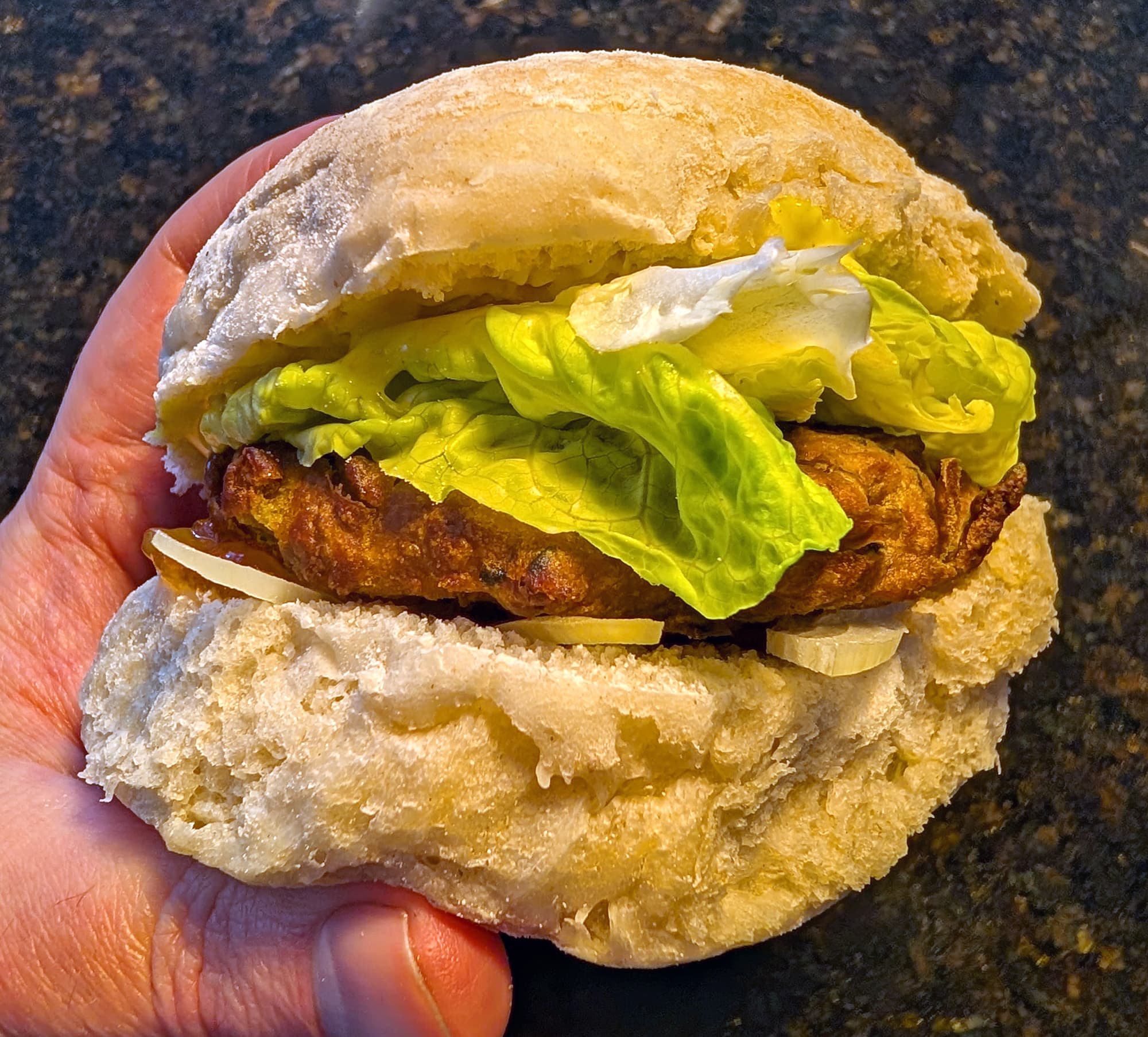 Onion Bhaji Burger — finished dish